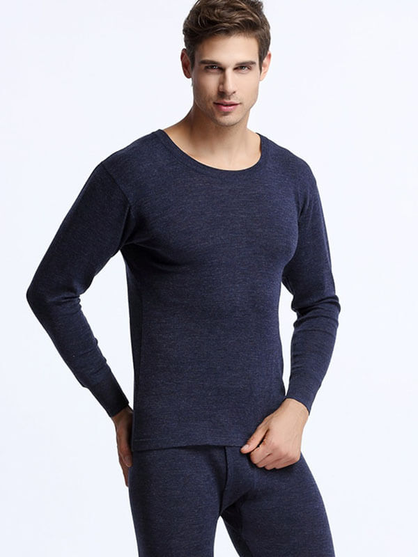 Warm Men's 100% Merino Wool Thermal Underwear Set - SF1060, perfect for winter and outdoor activities, male model wearing navy set.